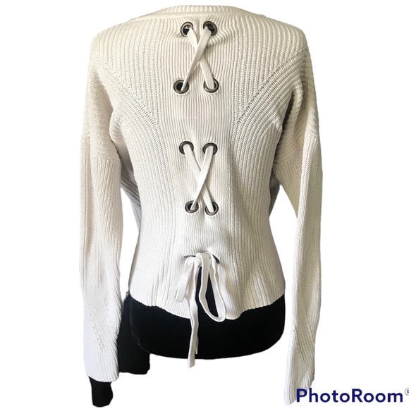 LUCKY BRAND s.S Back Lace Pullover Sweater 100% Cotton Knit Cream - Picture 4 of 7